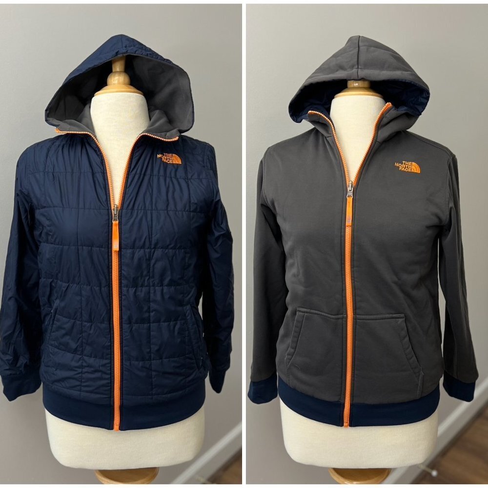 The North Face Kids Reversible Navy & Gray Hooded Puffer Jacket with Orange Trim